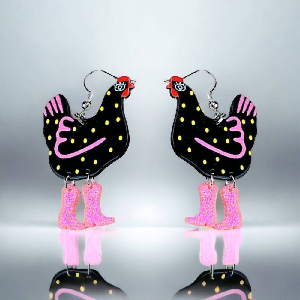 Chicken Lady dangle earrings fun funky glitter statement art to wear Boots‎ farm